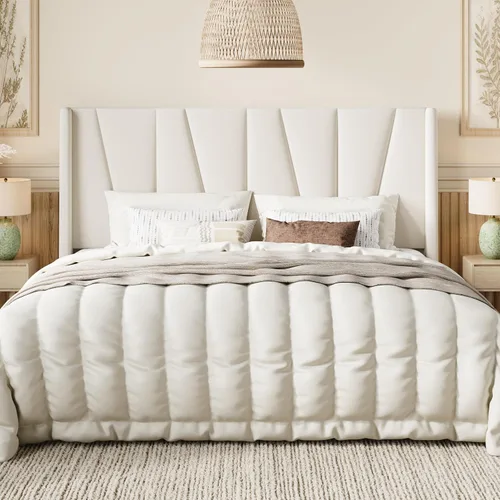 Miniatura 15 de SHA CERLIN Base de cama tamaño King con cabecera geométrica con respaldo de ala, cama de plataforma tapizada con espacio debajo de la cama de 8 Beige