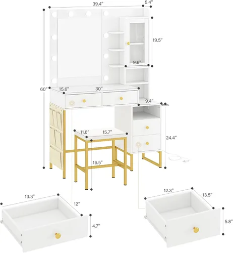 Miniatura 3 de YIKEHOME Makeup Vanity Desk with Mirror, LED Lights and Power Outlet Vanity Table Set with Large Drawers and and Charging Station for Bedroom