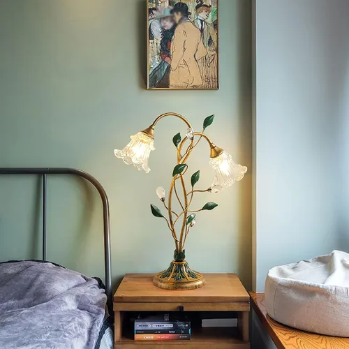 Lámpara de mesa vintage con flores de vidrio con hoja verde, lámpara de mesita de noche, lámpara decorativa retro, lámpara de escritorio de estudio