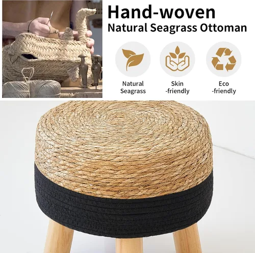 Miniatura 6 de Taburete redondo otomano natural de algas marinas, taburete de pie con 4 patas de madera, taburete redondo tejido a mano, taburete de sofá, taburete
