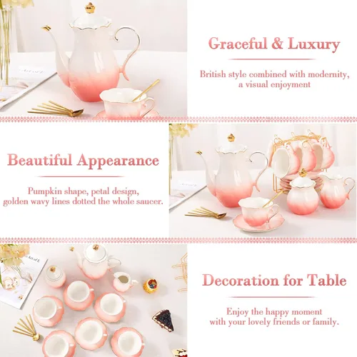 Miniatura 3 de DUJUST Juego de té de porcelana de 22 piezas para 6, lujoso juego de tazas de té/café estilo británico con ribete dorado, hermoso juego de té