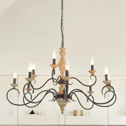 Miniatura 10 de Lámpara de araña de orbe de granja, 4 luces de bola de madera sintética para comedor, vestíbulo, isla de cocina (marco de metal de globo)