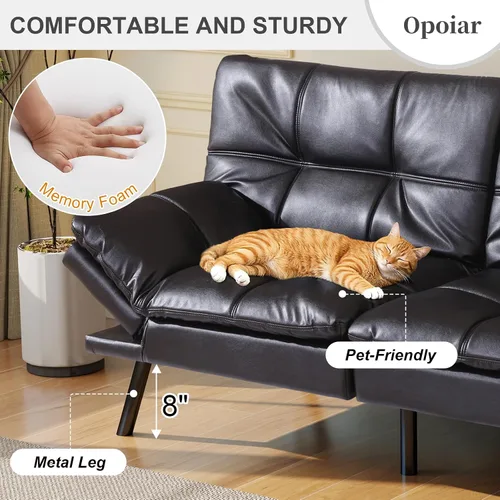 Miniatura 3 de Opoiar Sofá cama tipo futón de cuero negro convertible con espuma viscoelástica, juego de futón plegable y moderno para estudio, Drom, apartamento