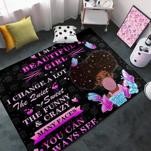 Miniatura 19 de Alfombra de área para dormitorio de niñas negras africanas, alfombra para sala de estar, sala de juegos, azul, lindo anime de dibujos animados