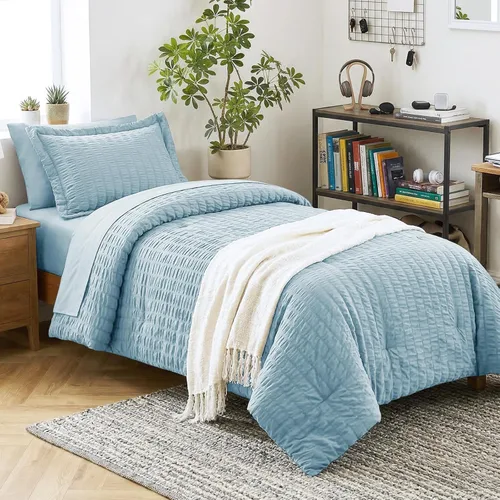 Miniatura 58 de CozyLux Juego de ropa de cama con edredón tamaño King Beige Seersucker de 7 piezas, juego de cama en una bolsa, con edredón, sábanas, fundas