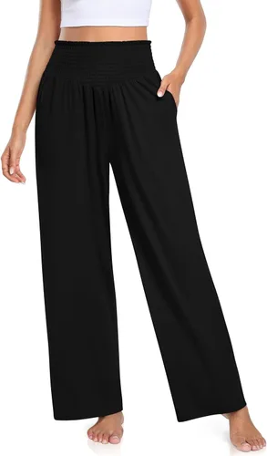 TARSE Pantalones de yoga de pierna ancha para mujer, con volantes fruncidos, cintura alta, cómodos, pantalones de pijama, casuales, holgados, con