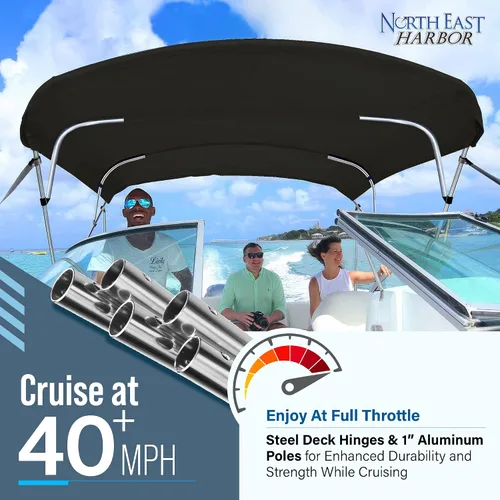 Miniatura 4 de Bimini Tops de 4 lazos para barcos, a prueba de decoloración, postes de soporte, botas de almacenamiento, lona marina 900D, toldo para barco, Negro