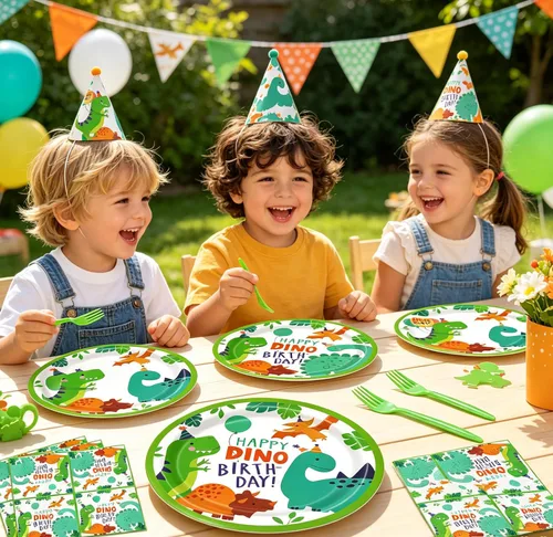 Miniatura 4 de Juego de 160 platos para fiesta de cumpleaños de dinosaurio, platos de feliz cumpleaños, platos, servilletas de dinosaurio T-Rex para decoración