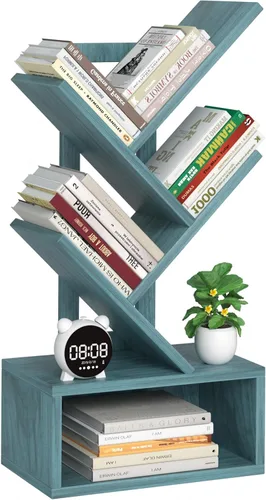 Miniatura 35 de SHEEPAM - Estantería pequeña con cajón, estantería de 4 niveles en forma de árbol en color negro, estantería de escritorio de madera, estanterías