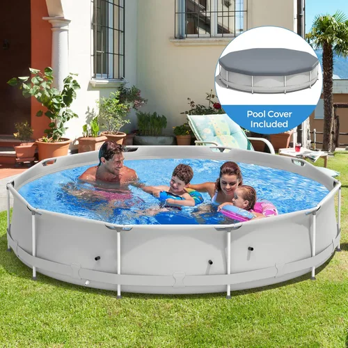 Miniatura 4 de GYMAX Piscina sobre el suelo de 12 x 31.5 pulgadas, piscina con marco de acero con cubierta para piscina, resistente al desgarro, piscina al aire