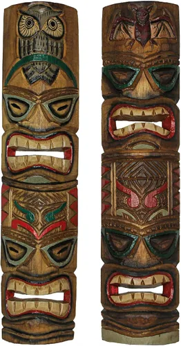 Miniatura 21 de Zeckos Juego de 2 máscaras de pared Tiki de madera tallada a mano, 39 pulgadas de alto, acabado envejecido pintado, esculturas de pared para sala