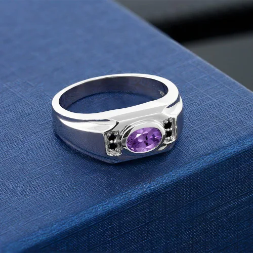 Miniatura 3 de Gem Stone King Anillo de plata de ley 925 para hombre con amatista morada y diamantes negros