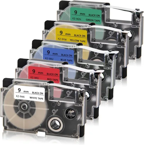 Absonic Paquete de 5 cintas de etiquetas de repuesto compatibles para XR-9WE XR-9RD XR-9BU XR-9YW XR-9GN cinta casete para etiquetadora KL-60 KL-100