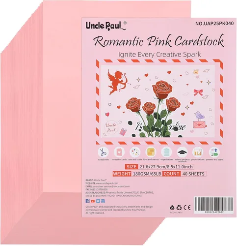 Uncle Paul 40 hojas románticas de cartulina rosa – 8.5 x 11 pulgadas, doble cara, papel de impresora de 65 libras, perfecto para álbumes de rosado