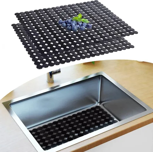 Tapete protector de fregadero para fregadero de cocina, paquete de 2 alfombrillas ajustables para fregadero de cocina de drenaje rápido, tapete de