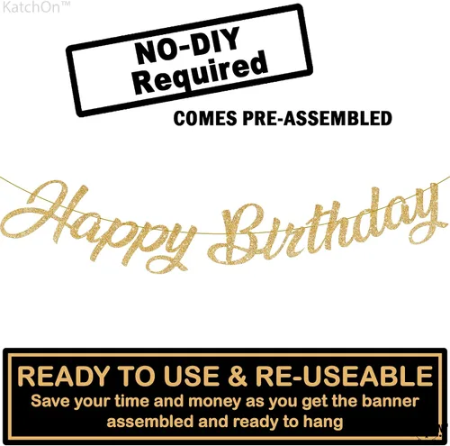 Miniatura 2 de KatchOn, Cartel de feliz cumpleaños cursivo dorado con purpurina – pre-encordado, 10 pies Decoraciones de cumpleaños para mujeres, hombres y niñas
