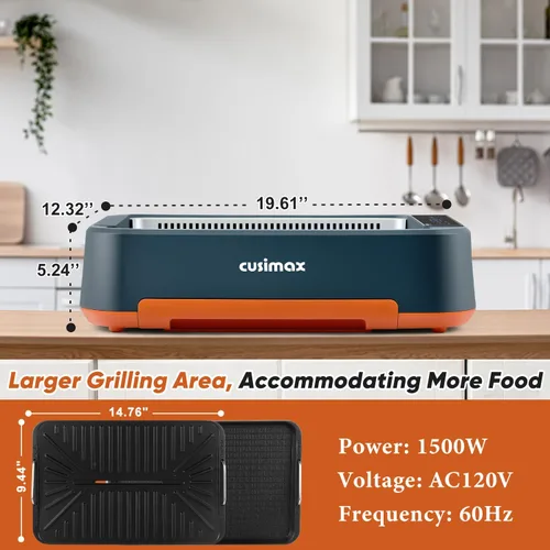 Miniatura 6 de CUSIMAX - Parrilla eléctrica, parrilla y plancha sin humo, parrilla eléctrica coreana con extractor de humo turbo y esponja de filtro reemplazable