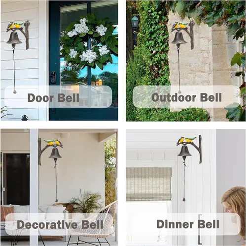 Miniatura 6 de Sungmor Campana de cena de hierro fundido, campana de puerta exterior de granja, campana colgante de pared, antiguo color encantador pájaros