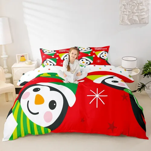 Juego de funda de edredón para niños de Feliz Navidad, tamaño King, juego de ropa de cama de pingüinos de dibujos animados, animales árticos,