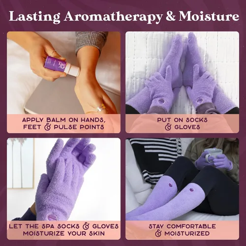 Miniatura 2 de Kit de spa de guantes y calcetines de PURPLE CANYON con aceites esenciales y bálsamo Guantes y calcetines morados infundidos con aloe vera