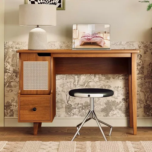 Miniatura 8 de Escritorio de maquillaje de madera negra que ahorra espacio, mesa moderna para computadora con cajones y asas doradas