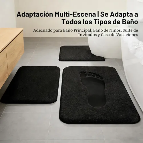 Miniatura 3 de Juego de alfombras de baño negros de espuma viscoelástica de 3 piezas con tapetes para inodoro, suaves y de apoyo, absorbentes de impactos