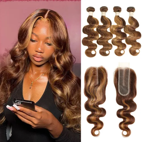 Miniatura 32 de ALHER Long Deep Part 2x6 Closure Body Wave Honey Blonde Highlight, Ombre Brown and Blond 2x6 Kim K Transparent HD Lace Closure Pre Plucked With Baby