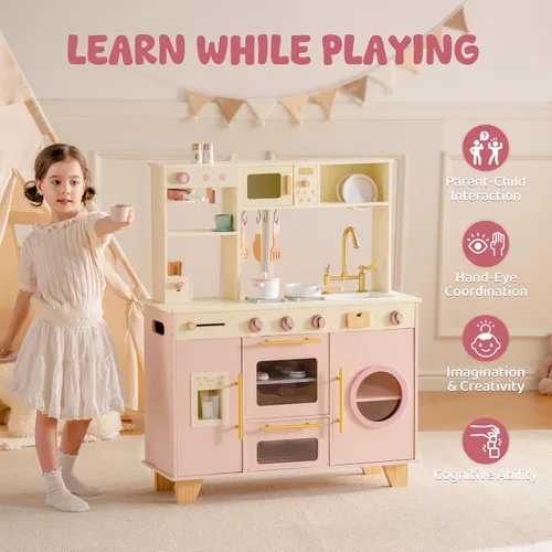 Miniatura 9 de ROBOTIME Cocina de juego para niños, cocina moderna de juguete de madera con máquina de hielo, cafetera, horno, microondas, tostadora, estufa, Rosa