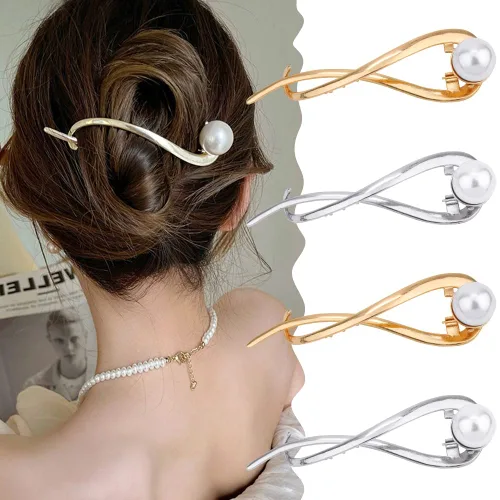 Ahoney 4 pasadores de perlas para mujer, pinzas francesas 4.2 con perlas elegantes para cabello grueso (plata + dorado)