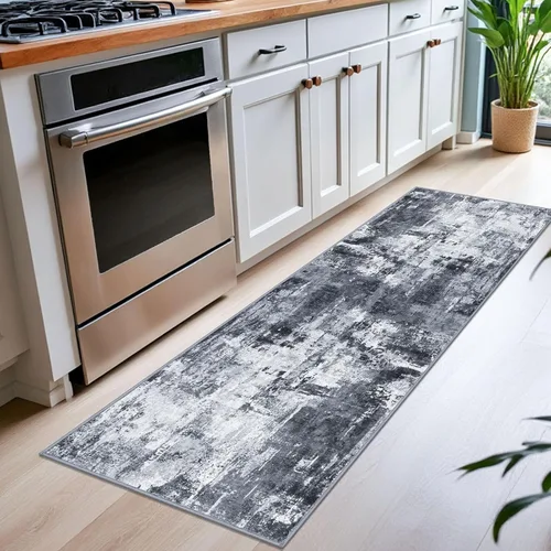 Miniatura 3 de KOZYFLY - Alfombra de pasillo moderna y lavable de diseño abstracto gris y negro, 2 x 6 pies, antideslizante, suave y de pelo corto, ideal