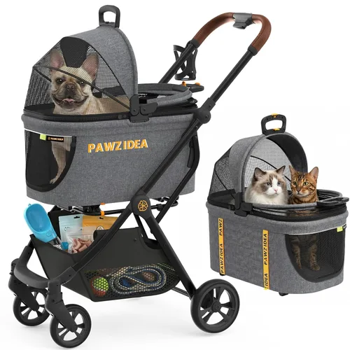 Miniatura 12 de PAWZIDEA Carriola de mascotas 4 en 1, Carriola de gatos con portaequipaje desmontable y dosel sin cremallera, jaula portátil para perros