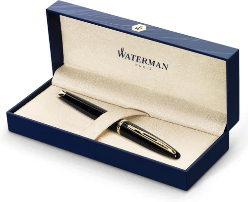 Pluma estilográfica Waterman Carene Deluxe con punta mediana de oro macizo y tinta azul (S0699940), negro, dorado (Black Sea and Gold)