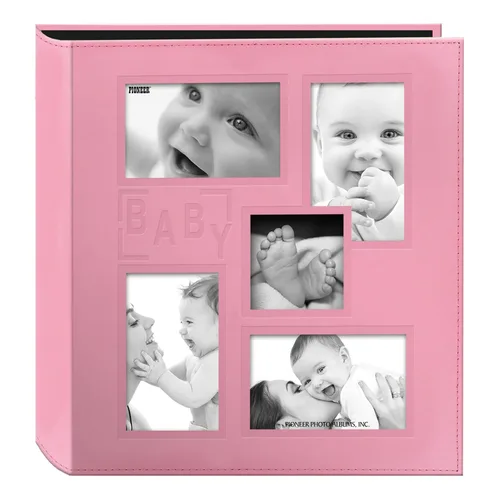 Álbum de fotos Pioneer tipo collage, con marco en relieve, con portada de cuero sintético cosido, de color rosa