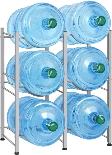 LIANTRAL Soporte para botellas de agua de 5 galones, estante de 3 niveles plateado de doble fila resistente para enfriador de garrafones con 6