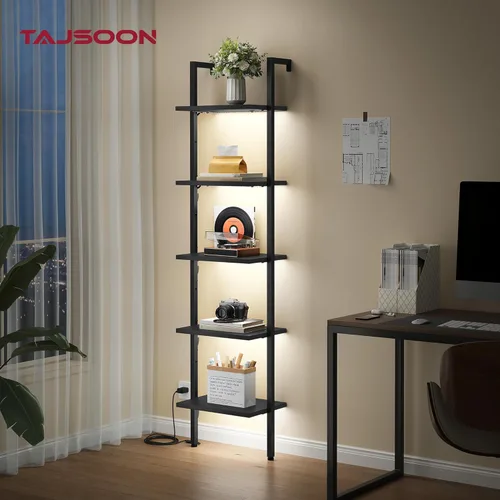 Miniatura 3 de Tajsoon Estante de escalera de 5 niveles con luz, estante de madera para libros montado en la pared, estantería de escalera con marco de metal