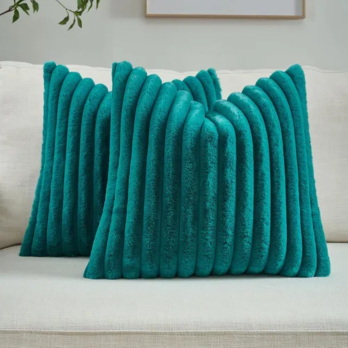 Miniatura 37 de FUTEI - Juego de 2 fundas de almohada decorativas con rayas, cuadradas, para invierno, piel sintética de conejo suave y acogedora y respaldo
