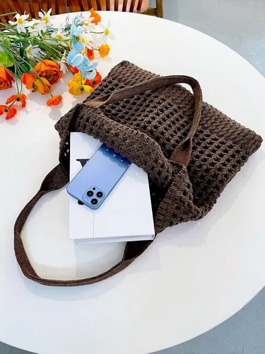 Miniatura 69 de ENBEI Bolsa de playa para mujer, diseño hueco de punto de ganchillo, elegante para la playa, viajes y uso diario