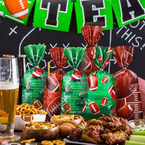 Miniatura 5 de Jetec 100 bolsas de celofán de fútbol americano marrón y verde, bolsas de regalo de fútbol con lazos para eventos de equipo deportivo, suministros