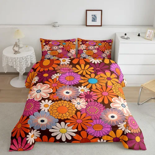 Miniatura 38 de Lindo juego de edredón de flores para niños y mujeres. Juego de ropa de cama de flores coloridas de dibujos animados, tamaño individual, bonito