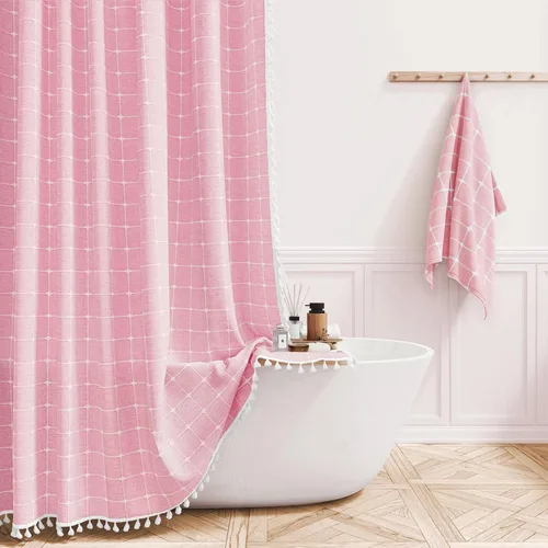 Miniatura 29 de BTTN Juego de cortinas de ducha estilo bohemio de granja con borlas, tela rústica de lino resistente, repelente al agua, cortinas de ducha gruesas A