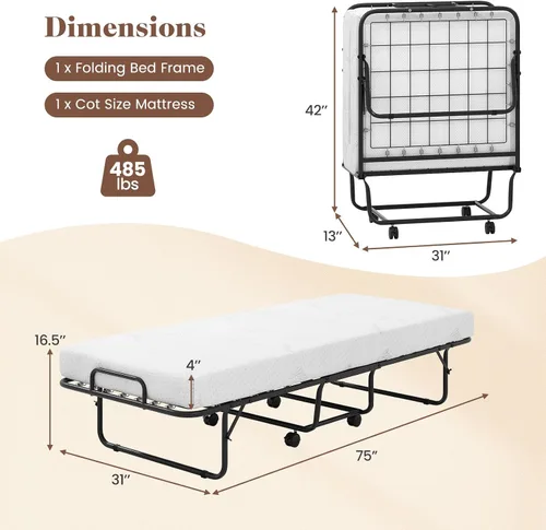 Miniatura 3 de DORTALA Cama plegable de metal plegable, cuna de colchón de espuma viscoelástica con marco de metal súper resistente y resistente, cama de invitados
