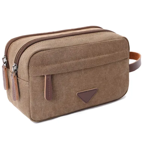 Miniatura 9 de Mactso Neceser para hombre, kit de viaje de cuero de lona vintage con 2 compartimentos, cremallera resistente, 9.5 x 5.5 x 4 pulgadas, organizador