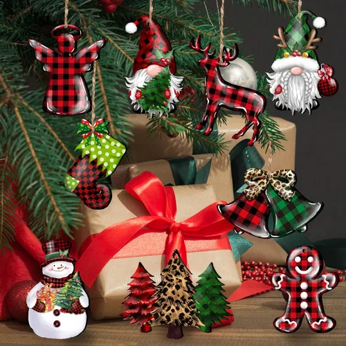 Miniatura 7 de JOPHMO 24 Piezas Adornos de Madera de Navidad Copo de Nieve Gnomo Muñeco de Nieve Camión Adornos Colgantes de Madera Recortes de Árbol de Navidad
