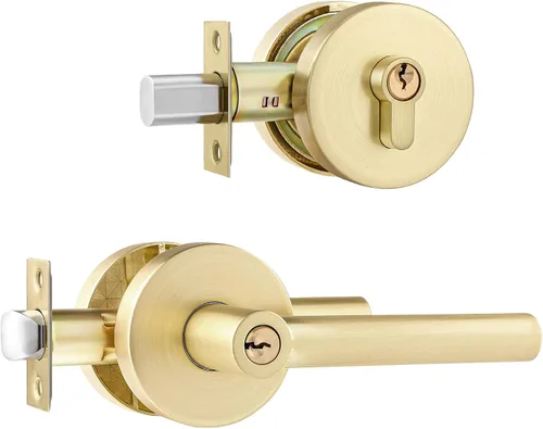 Miniatura 27 de Leydebong Paquete de 1 manija de puerta de entrada resistente dorada (para oficina y puerta delantera) reversible para lado derecho e izquierdo