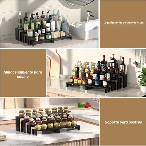 Miniatura 6 de Juego de 2 soportes elevadores escalonados grandes de madera negra para eventos de proveedores, soporte apilable de madera para cupcakes, juego