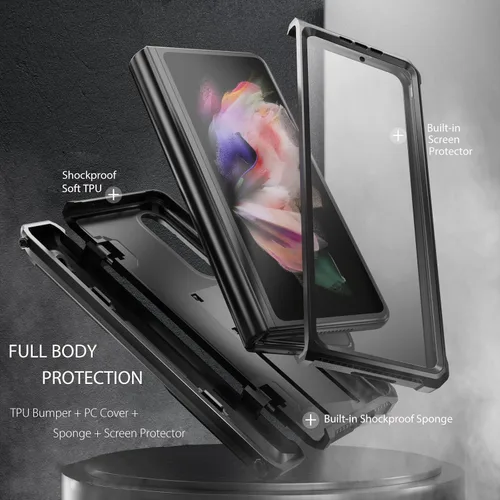 Miniatura 5 de Funda resistente para Samsung-Galaxy-Z-Fold-3 con soporte integrado [soporte para bolígrafo S] [protector de pantalla] [protección de bisagra], Negro