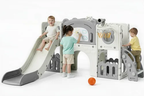 Miniatura 11 de Arlopu Juego de tobogán grande para niños de 10 en 1, juego de tobogán con pizarra para dibujar, aro de baloncesto, parque infantil resistente, casa