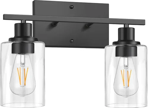 Miniatura 9 de ShineTech 2 luces de tocador doradas para baño, iluminación de pared moderna con vidrio transparente, luz de aplique de latón cepillado para espejo