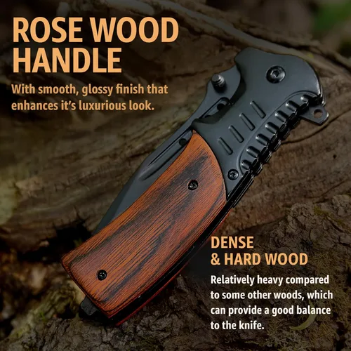 Miniatura 7 de Cuchillo de bolsillo para hombres con mango de madera, rompedor de vidrio y clip de bolsillo, hoja afilada de 3.66 pulgadas, cuchillos plegables 1.