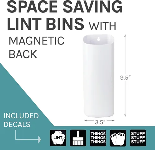 Miniatura 2 de JS Jackson Supplies Pequeño cubo de pelusa blanco con parte trasera magnética, cubo de basura de perfil delgado para lavandería y cocina, montaje